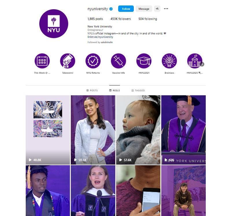 New York University's Instagram page with organized reels