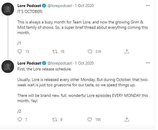 Lore podcast release schedule tweet.