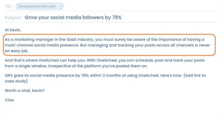 Example of a personalized message for a cold email