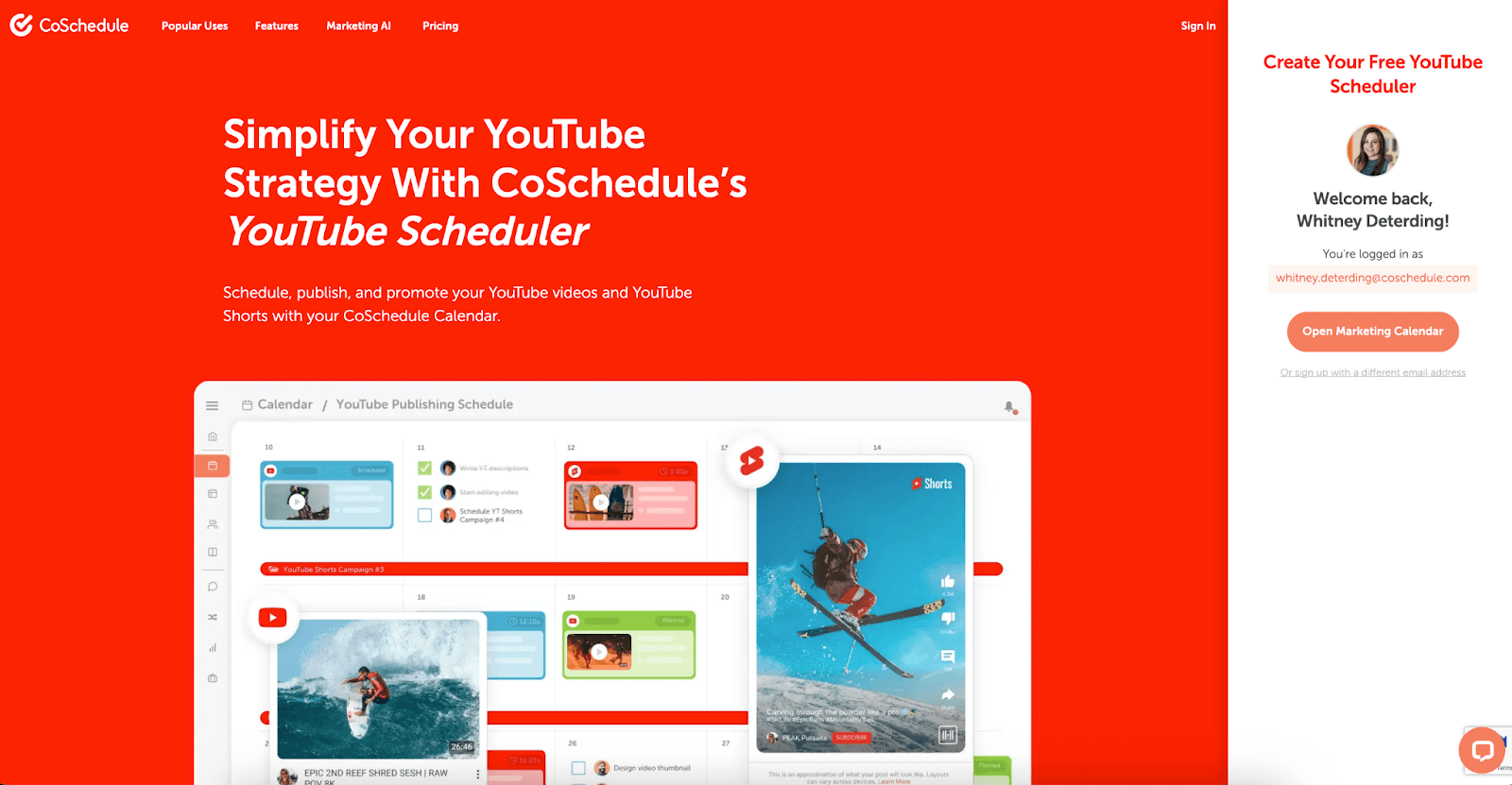 CoSchedule's Social Calendar homepage showing the YouTube schedule feature.