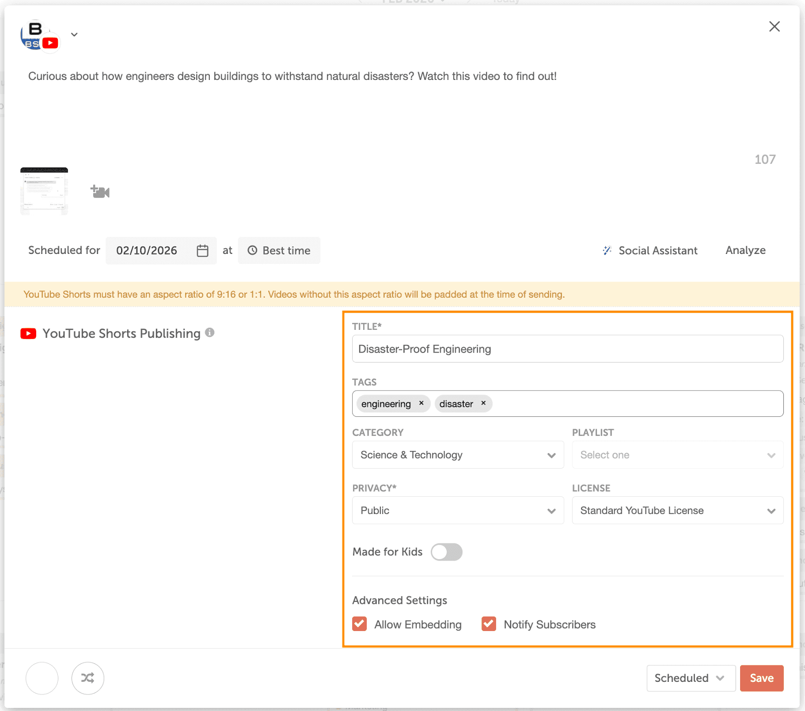 Publishing YouTube shorts through Content Calendar