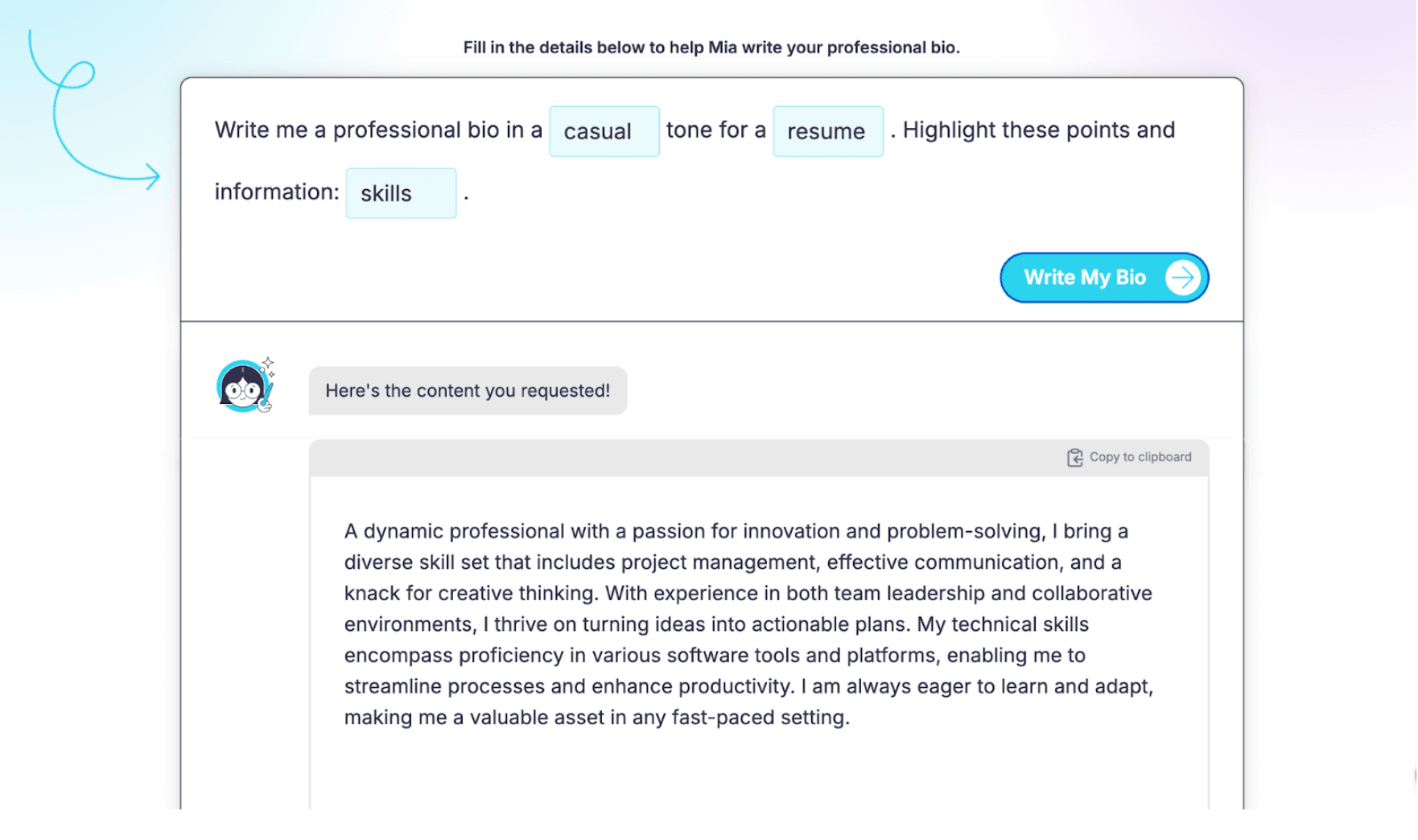 HireMia professional bio generator