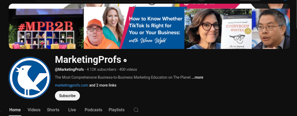MarketingProfs YouTube home page.